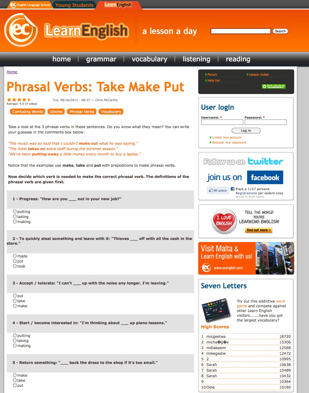 Phrasal verbs: Take, make and put | Recurso educativo 40824